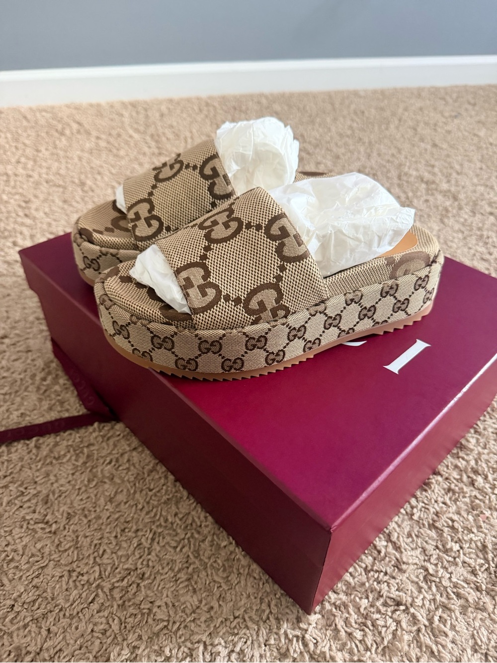 Women’s Gucci Brown & Beige GG Canvas Platform Slides